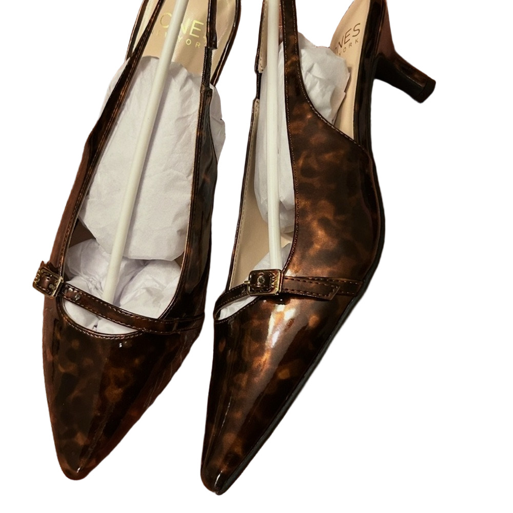 Tortoiseshell Patent Pointed-Toe Slingback Kitten Heels Mary Jane Gold Buckle 8